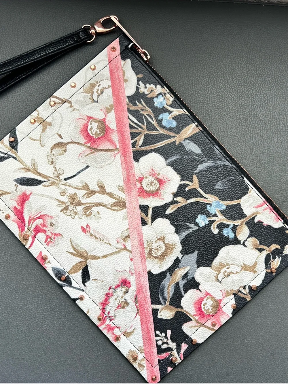 White House Black Market Floral Wristlet Clutch in Black, Cream & Pink